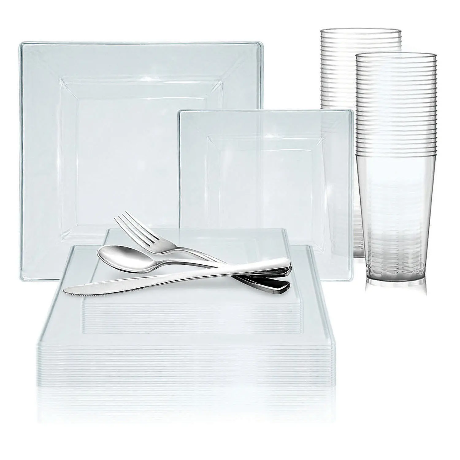 Clear Square Plastic Dinnerware Value Set (120 Settings)