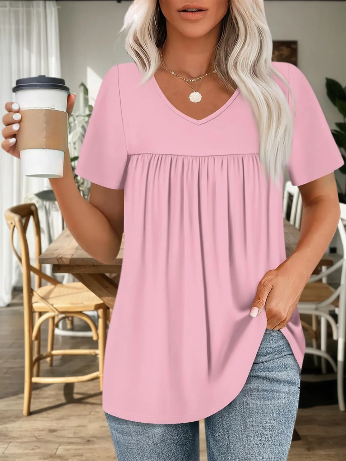 Plus Size Women's Summer New V Neck Pleated Solid Casual Basic Shirt, Lazy Style Loose Short Sleeve Top, Comfortable and Stylish Summer Wear