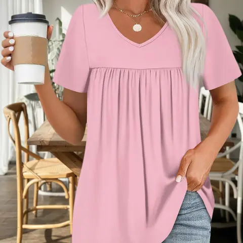 Plus Size Women's Summer New V Neck Pleated Solid Casual Shirt, Lazy Style Loose Short Sleeve Top, Comfortable and Stylish Summer Wear, Loose Fit Style