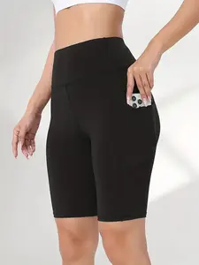 Plus Size Women's High-Waist Yoga Shorts - 5inch Breathable Spandex Blend with Functional Pocket  Tight-Fitness & Casual Workout Shorts  All-Season Sporty Design