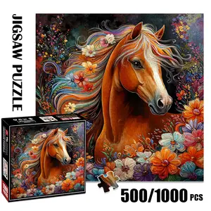 1pc 1000 piece adult puzzle 58x58cm Colorful - Haired Horse Surrounded by Flowers 500 pieces of paper puzzle, suitable for adults and families, large-scale DIY puzzle interactive toy games, birthd