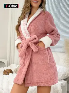 Women's solid colored letter nightgown, thickened Loose robe, autumn and winter velvet warm home clothes, outdoor leisure vacation pajamas, Loungewear, Nightwear