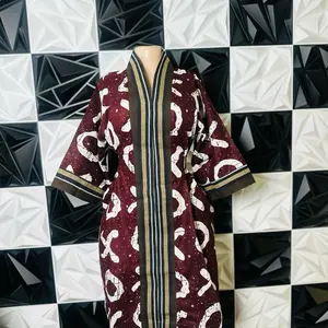 Adire Short Bubu - Maroon with White Patterns and Gold Stripes Women's Robe