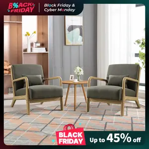 [TikTokShopBlackFriday][Set of 2]EBELLO Modern Accent Chair With Wooden Legs And One Pillow, Easy Assembly, ComfyFabric Living Room Chairs, Lounge Reading Armchair, Green
