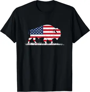 100% cotton Unisex US Flag Buffalo Wildlife Animal Gift Buffalo T-Shirt