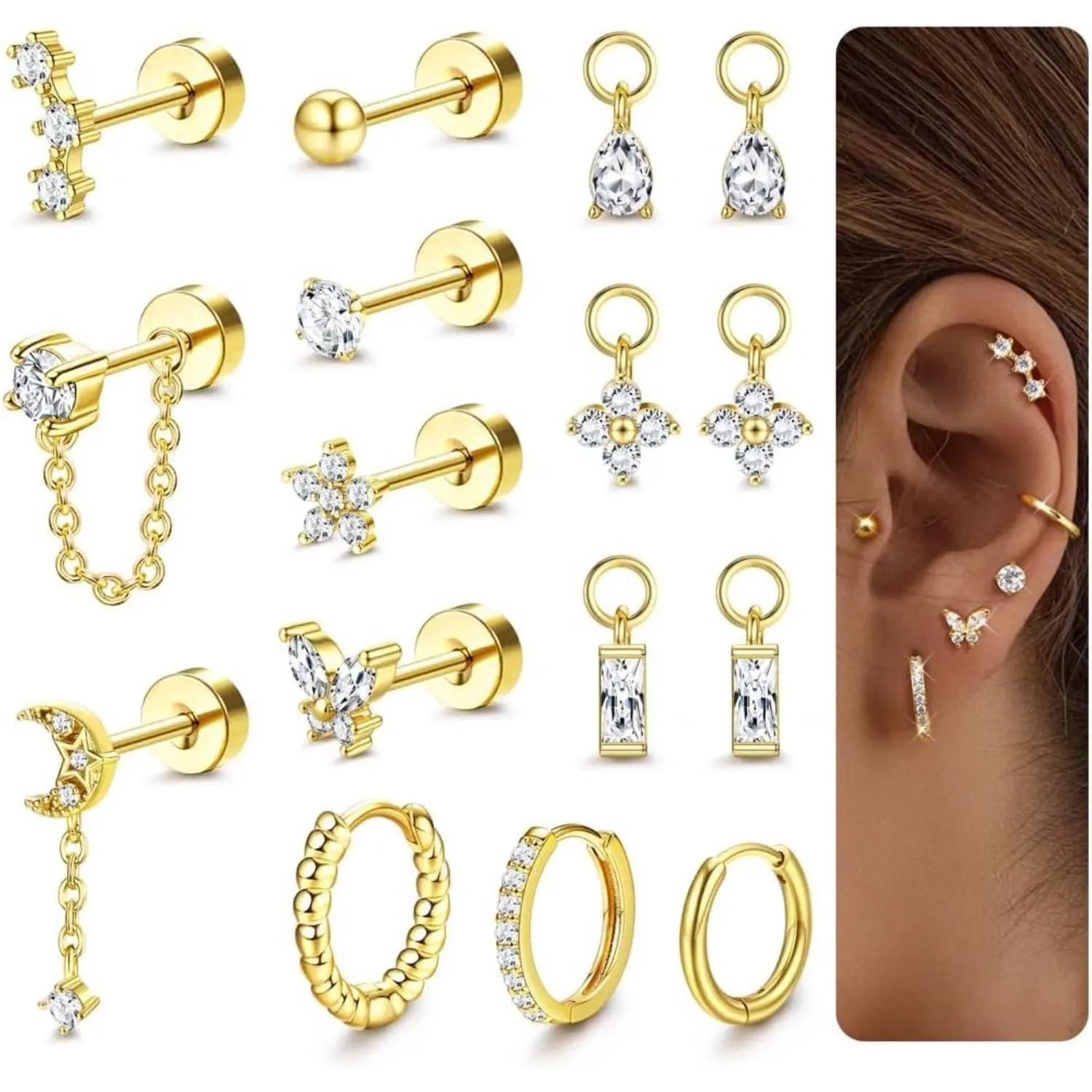 YADOCA Women's 16G 1Set Flat Back Earrings Stacking Set - Hypoallergenic Surgical Stainless Steel, Gold-Plated, Tarnish Proof Jewelry, Water-Resistant Layered Studs/Hoops for Multiple Piercings, Body-Safe Unisex Design (Ideal for Anniversary, Birthday)