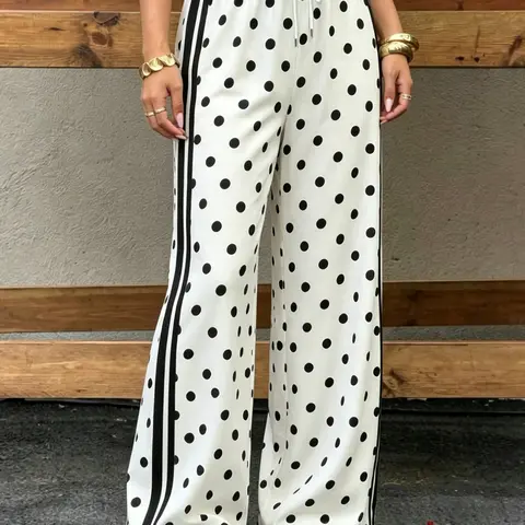 Women's Vintage Polka Dot Knit Pants - Korean Preppy Everyday Women's Clothes, High Elastic Drawstring Waist, Side Stripes, Flowy Wide-Leg, Baggy Breathable Draped Flattering Lounge Bottoms (Black, 1-Piece Non-Tops Alternative)