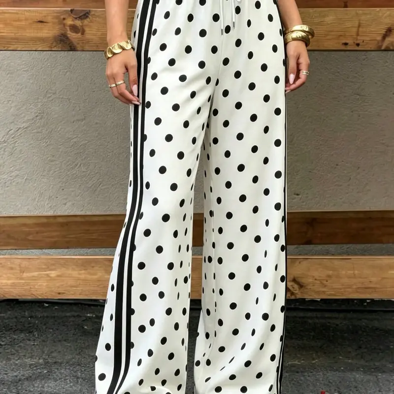 Women's Vintage Polka Dot Knit Pants - Korean Preppy Everyday Women's Clothes, High Elastic Drawstring Waist, Side Stripes, Flowy Wide-Leg, Baggy Breathable Draped Flattering Lounge Bottoms (Black, 1-Piece Non-Tops Alternative)