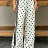 Women's Vintage Polka Dot Knit Pants - Korean Preppy Everyday Women's Clothes, High Elastic Drawstring Waist, Side Stripes, Flowy Wide-Leg, Baggy Breathable Draped Flattering Lounge Bottoms (Black, 1-Piece Non-Tops Alternative)