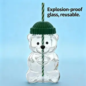Bear Glass Tumbler with Straw –  Perfect for Coffee, Tea & More, Reusable & Cute Bear Design!, Ideal Gift for All Occasions!