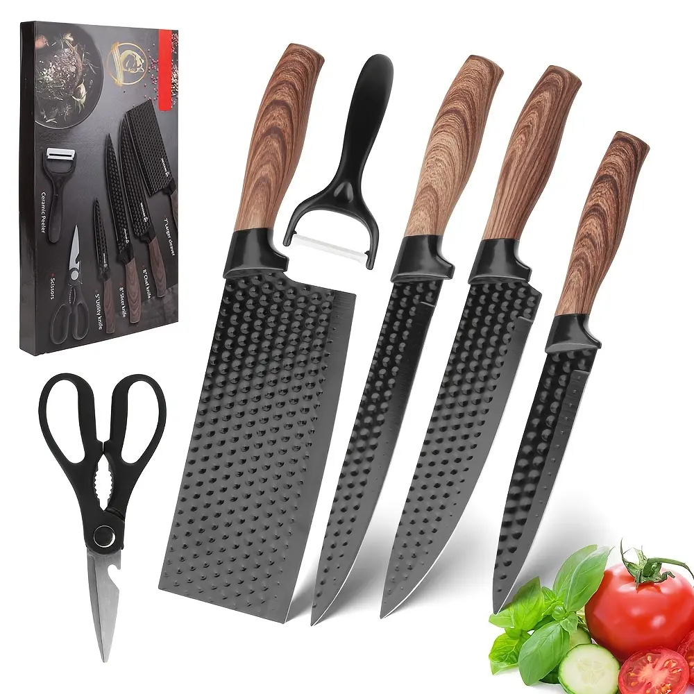 6-Piece Rustproof Stainless Steel Kitchen Knives Set, Anti-Stick Non-Stick Coated Dimpled Edge, Ergonomic ABS Wood Grain Handles, Kitchen Shears & Accessories for Home Cooks, Modern Everyday Use