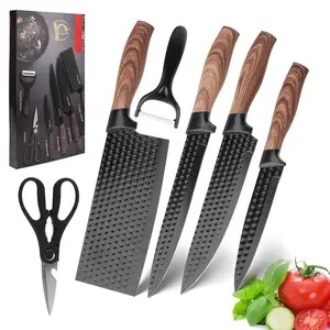 6-Piece Kitchen Knife Set with ABS Wood-Grain Handles, Non-Stick Stainless Steel Blades & Accessories