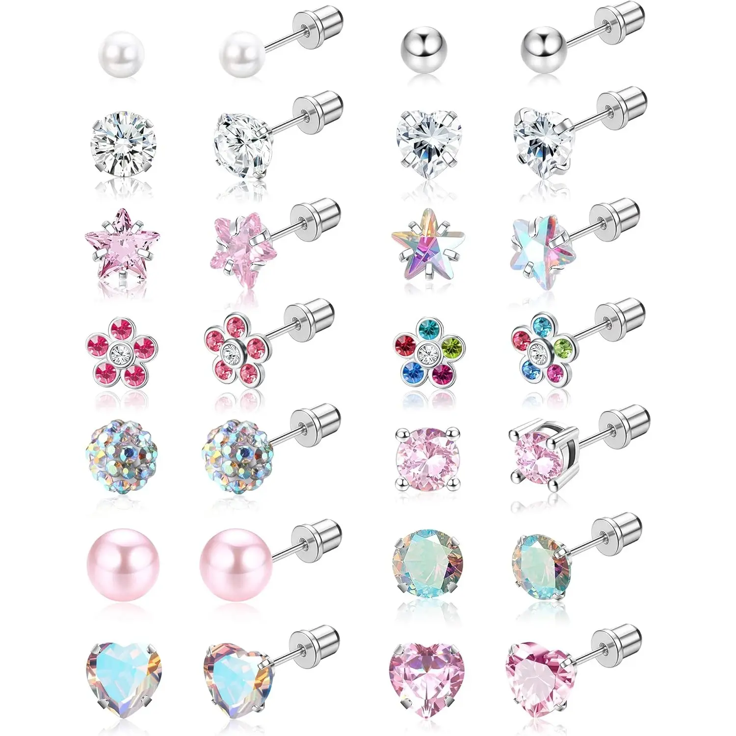 YADOCA Women's 14-Pair 316L Stainless Steel Ear Studs Set - Hypoallergenic, Tarnish-Free Flat Back Screw Backs for Sensitive Ears, Classic Style with Heart, Star, Pearl, CZ for Multiple Piercing, Earring Stacking, Birthday Gift