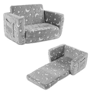 Glow-in-the-Dark Kids Foldable Sofa Bed All-Sponge Single Chaise Lounge  Light Grey Star & Moon Flannel