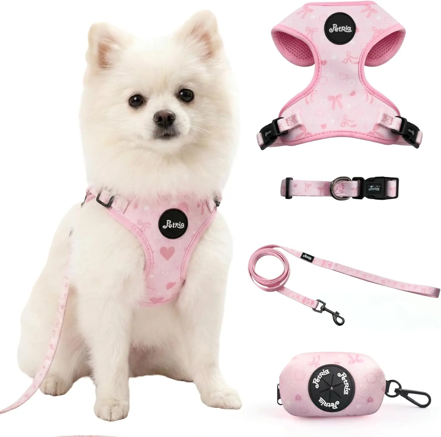 Petria Adjustable No-Pull Dog Harness and Leash Set, Breathable Pet Harness with Dog Collar & Poop Bag Dispenser – Soft Mesh Padded Vest, Durable Safety Pet Supplies for Dogs and Cats Training or Walking (Pink bow)