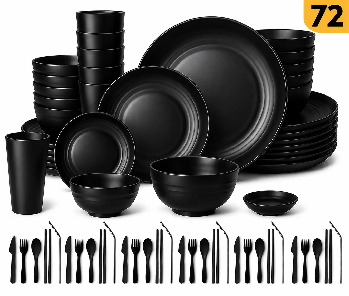 72PCS Wheat Straw Dinnerware Set - Plates, Bowls, Cups, Flatware for 6 People, Black Kitchen Cutlery & Tableware Set Bpa Fruit