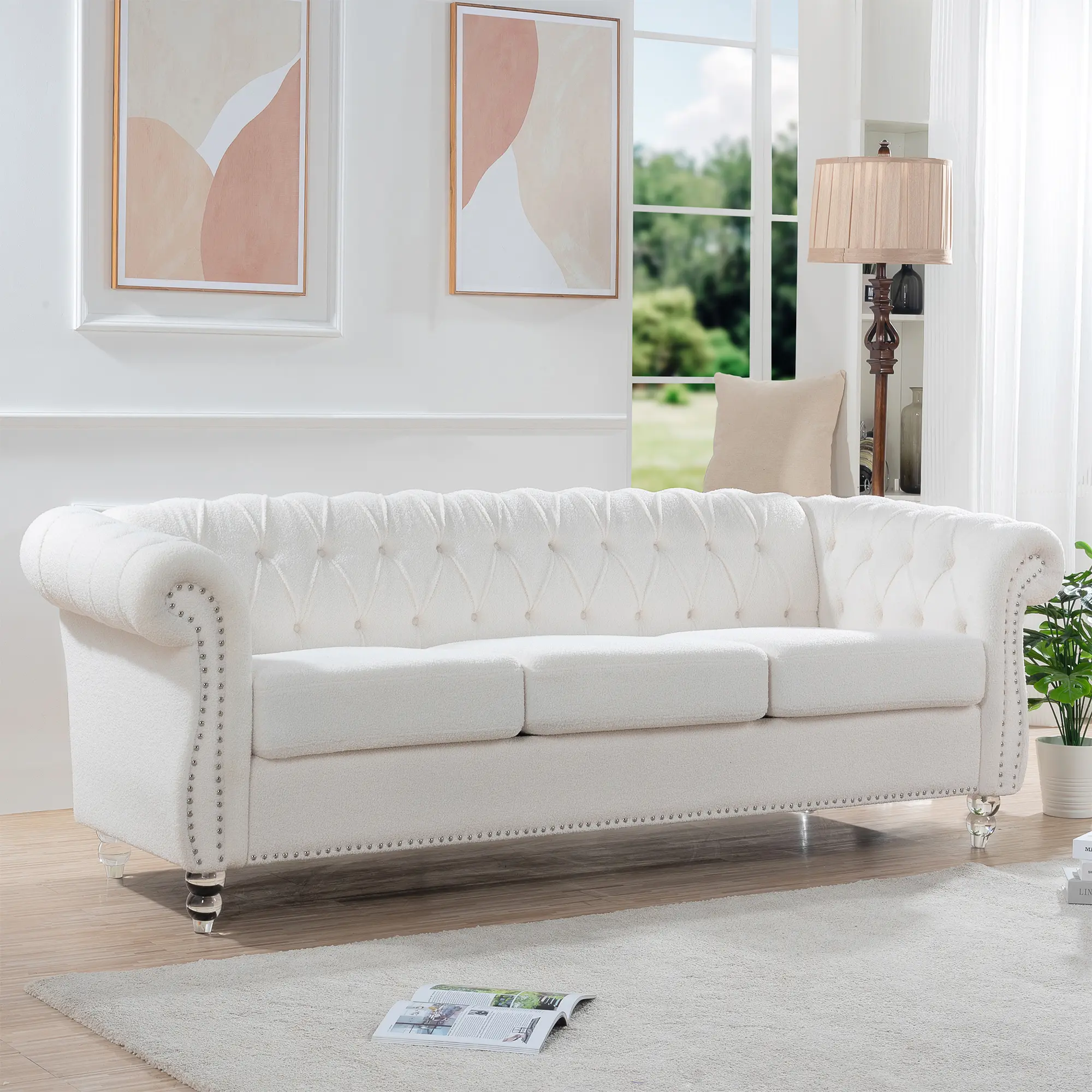 84.65" Rolled Arm Chesterfield 3-Seater Sofa - Indoor Living Room Furniture Couch