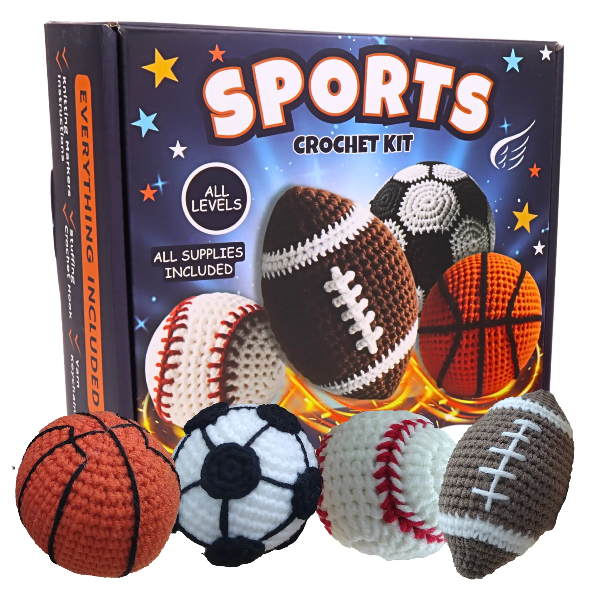 Sports Ball Keychain Crochet Kit for Beginners, Amigurumi Soccer, Baseball, Basketball, and Football, All Supplies Included, Step-by-Step Video Tutorials