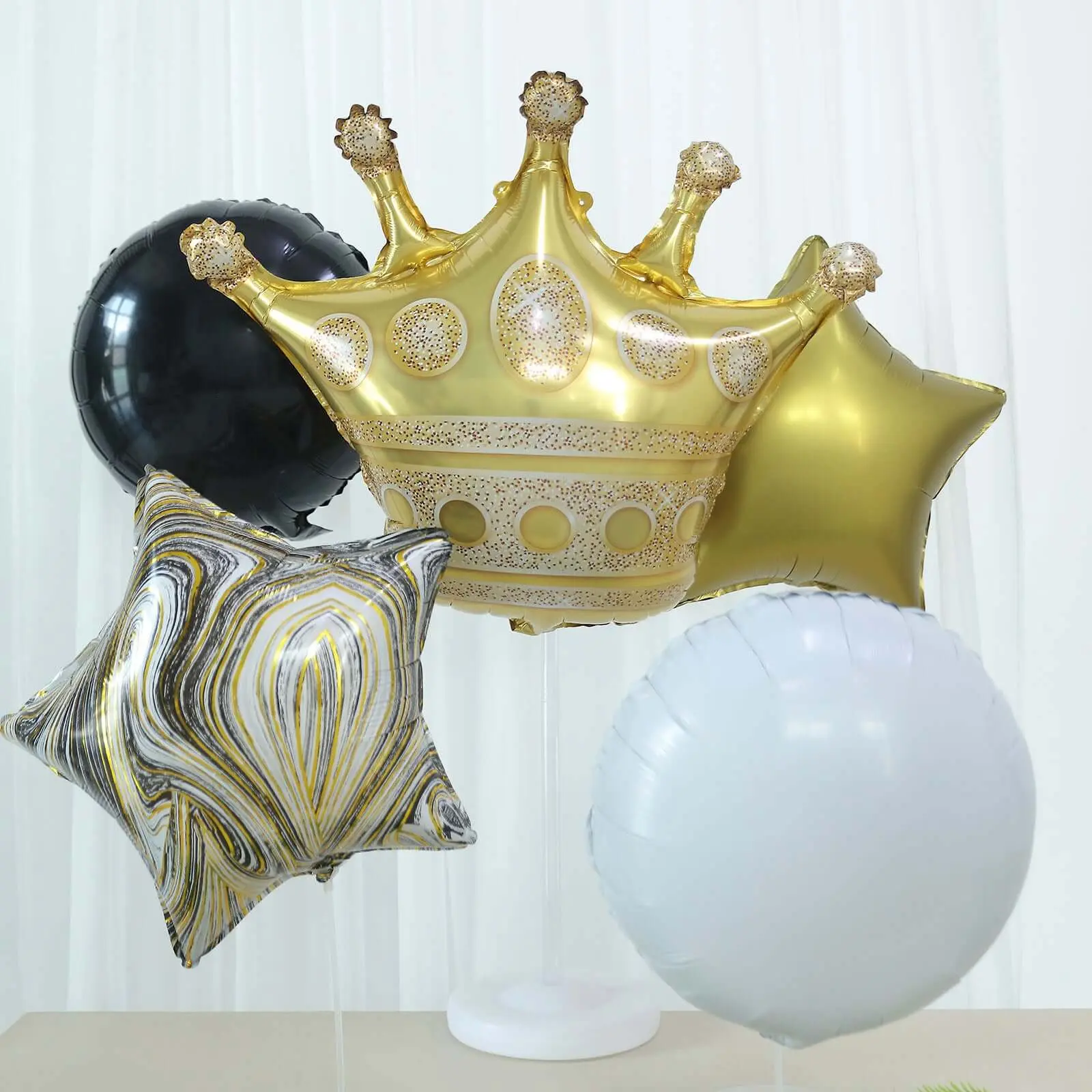 6-Piece Gold/Black Marble Mylar Foil Bouquet - Star, Crown, Round Shapes with Ribbon for Balloon Decor, Cluster Balloons, Helium Floats (Festive Party Supplies)