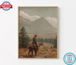 Vintage Dinosaur Cowboy Oil Painting Poster | Western Jurassic Dinosaur Poster | Gift for Him, Funny Poster