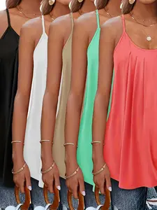 Elegant Plus Size Womenswear Tank Tops and Camisoles Set, Medium Stretch, Round Neck, Plain Color, Backless Design, Adjustable, Spring Summer Wear