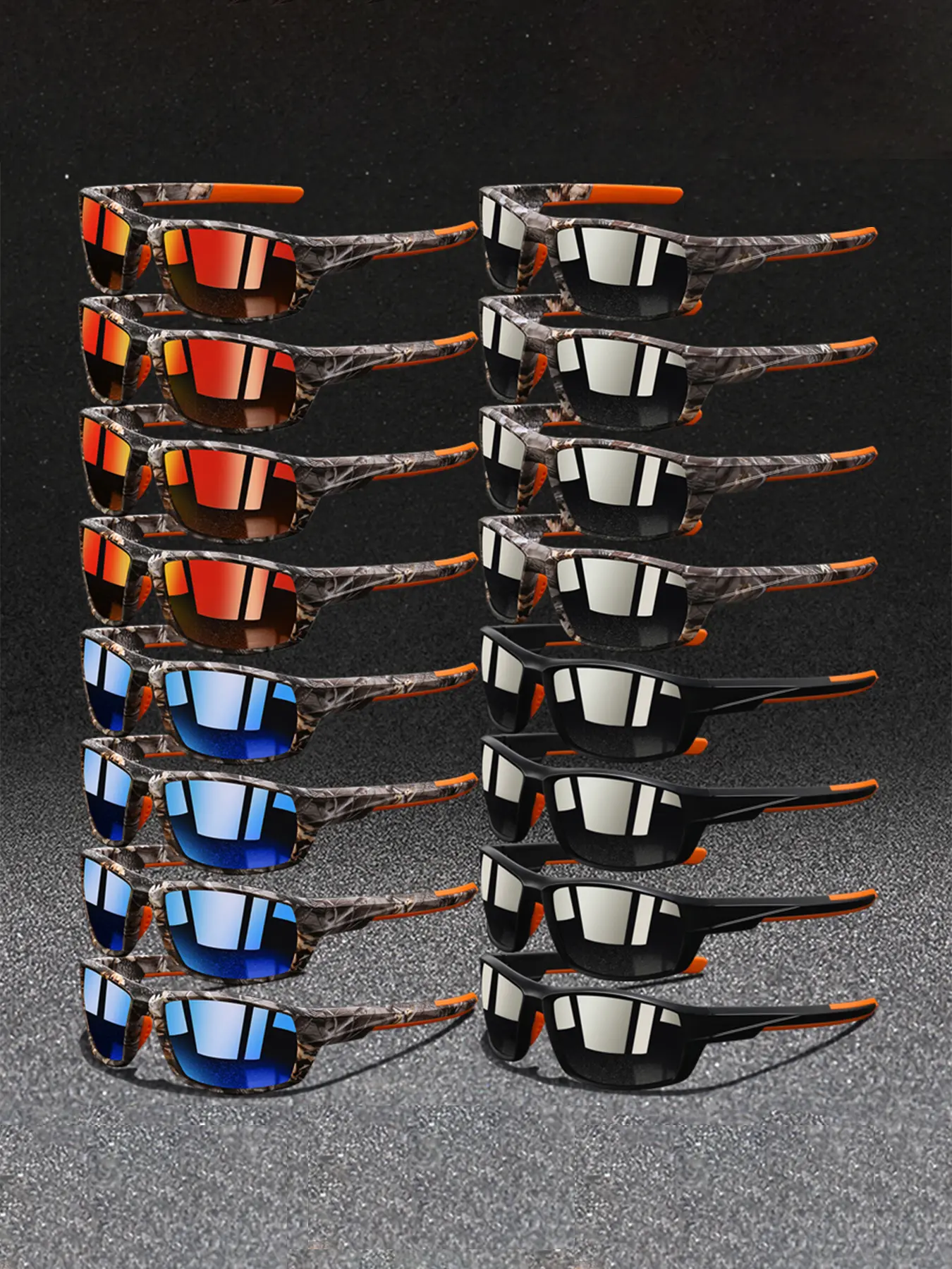 16pcs latest model square sports glasses,Sporty eyewear,suitable for men and women,available in multiple colors,classic camouflage frames with rubber nose pad,added comfort and stability,suitable for outdoor activities and daily wear