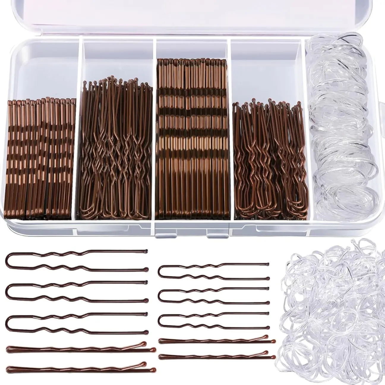 300pcs Bobby Pins Hair Pins Kit, 100 Bobby Pins Brown Hair, 100 Hair Pins for Women and 100 Hair Bands, Hair Pins for Buns, U Shape Pins 2inch 2.36inch Bobby Pins for Women 2inch, 2.75inch