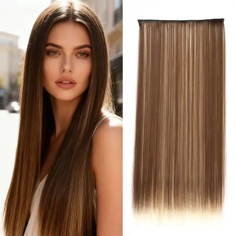 Synthetic Long Straight 5 Clip in Hair Extensions Black Brown Natueal Fake Heat Resistant Hair Piece For Women