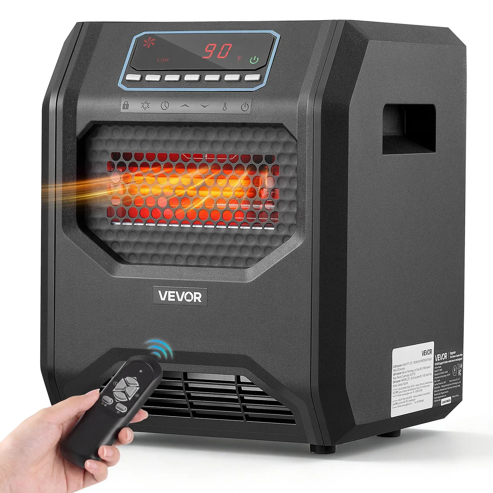 VEVOR 1500W Infrared Electric Space Heater with Remote Control, 3 Heat Settings, 12H Timer, Overheat Shutoff, Portable Wheels, Premium ABS, Black, Indoor Use for Bedrooms, Offices