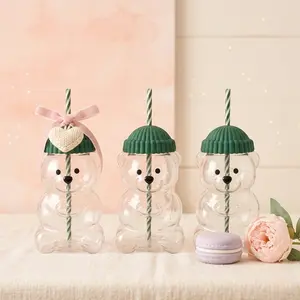 20oz Adorable Bear Straw Borosilicate Glass Cup with Spill-Proof Dome Lid, Washable Bottle for Iced Coffee - Summer Aesthetic Kawaii Desk Accessory & Gift for Teens, Home/Festive Party Supplies