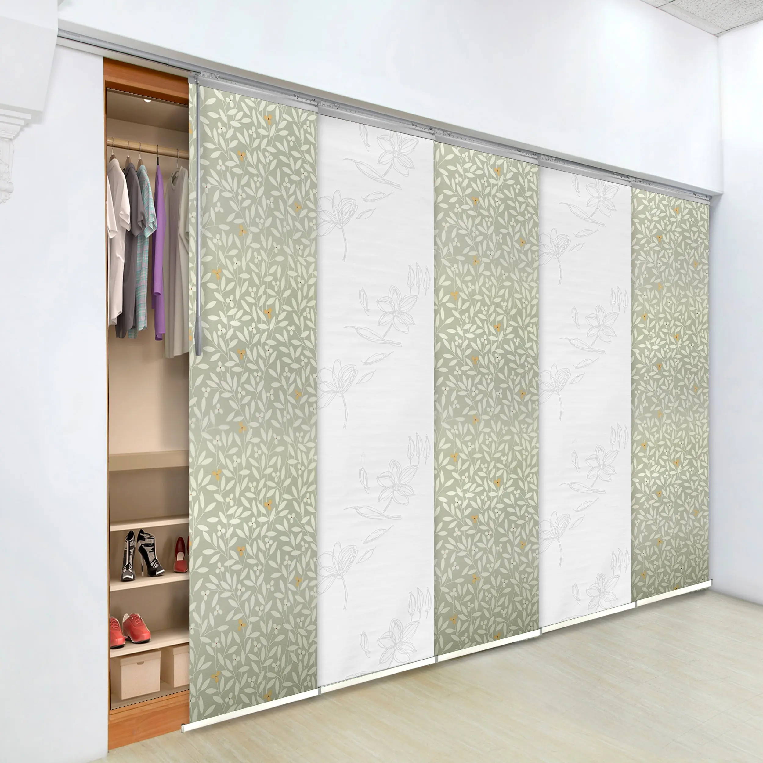5-Panel Single Rail Panel Track Blind Extendable 58"-110"W x 91.4"H, Panel width 23.5", Lotus, Camellia