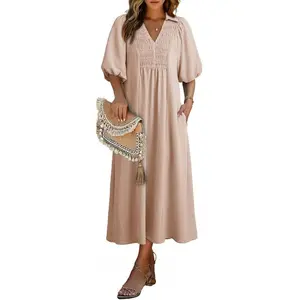 Dokotoo Summer Dresses for Women 2026 Casual Dresses V Neck Puff Sleeve Empire Waist A-Line Maxi Dress