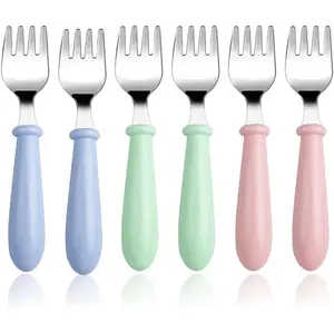 6-Pack Stainless Steel Toddler Forks with Round Handle, Baby & Kids Utensils for Self-Feeding Dishwasher Safe