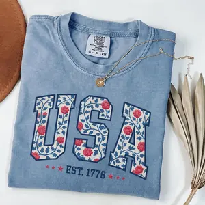 Comfort Colors®USA Shirt, 4th of July shirt, floral USA tee, summer patriotic shirt for women, America est 1776 shirt, red white blue shirt