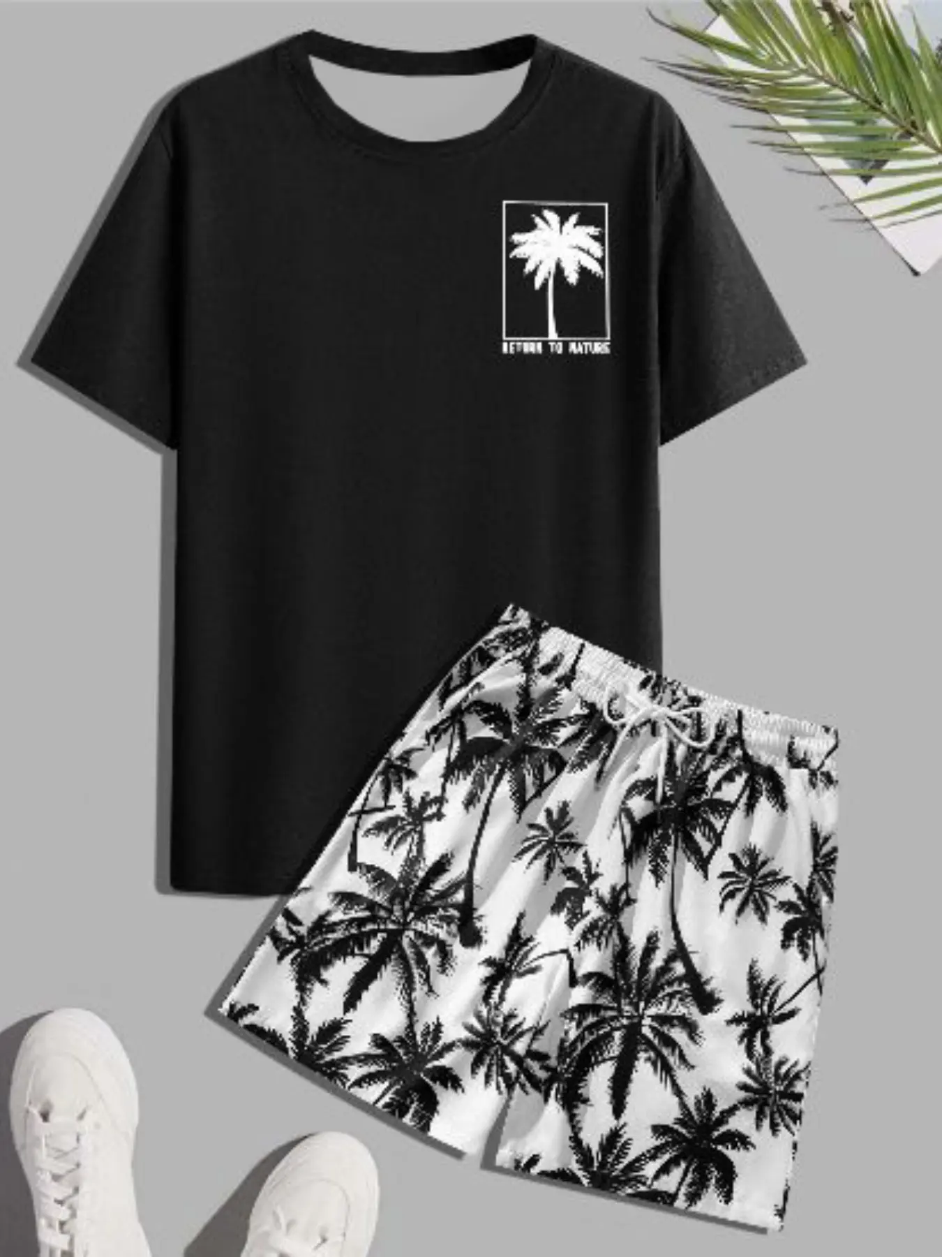 Men's Summer Coconut Tree Round Neck T-Shirt & Shorts Set, Tropical Casual Fitted Design, All over Print, Outdoor Activities & Home Parties, Outfit Sets, Casual Fashion Set, Summer Outfits Set