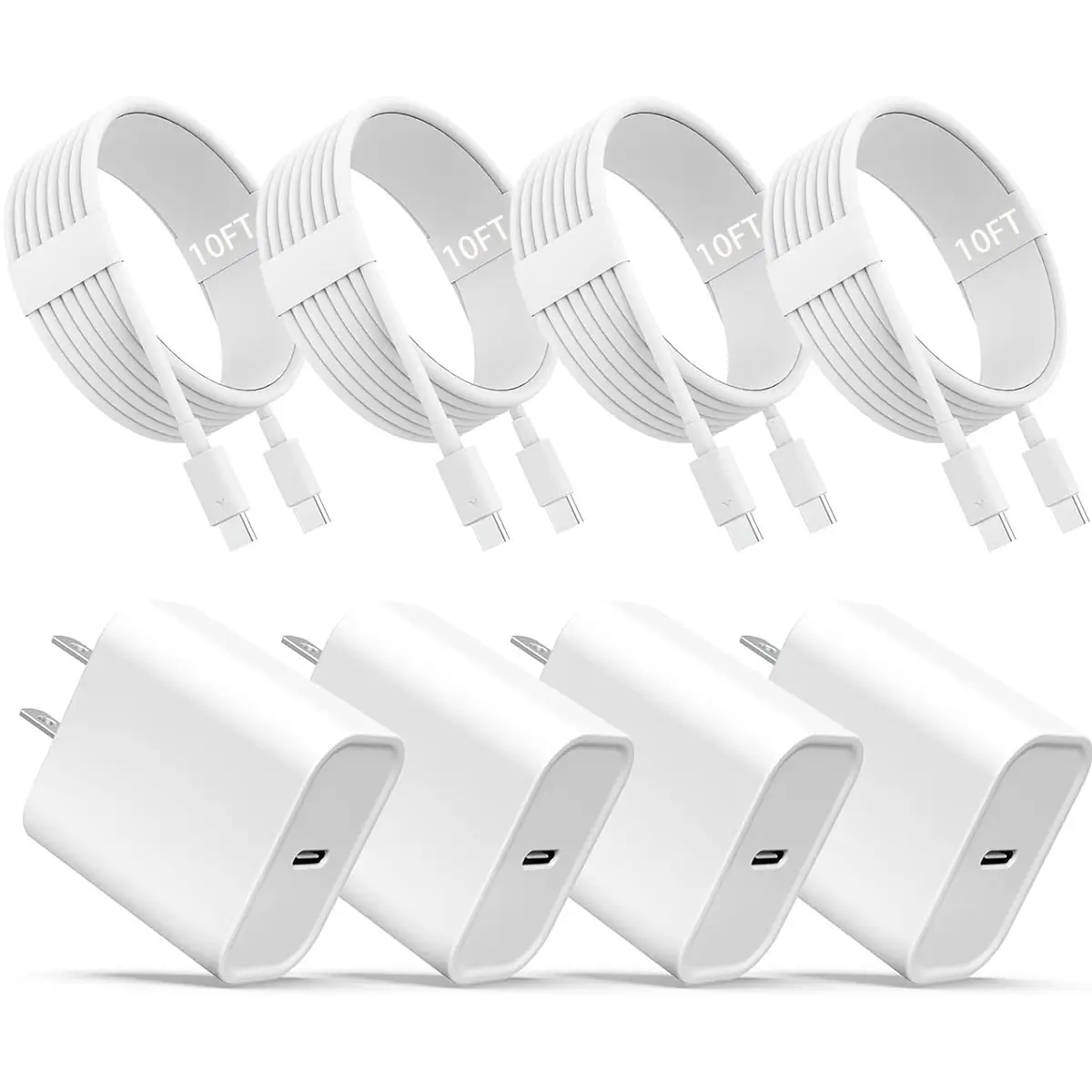4-Pack USB C Fast Wall Charger, USB C Charger Block (4-Pack 6ft/10FT USB C Cable Included) for iPhone 16 15/15 Pro/15 Pro Max/iPad Pro/AirPods Samsung
