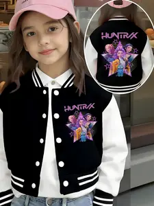 Girls' Two-Sided Print Baseball Jacket, Cute Cartoon Design School Uniform Outerwear, Fashionable Casual Wear for Ages 4-12, Casual Comfy Jacket