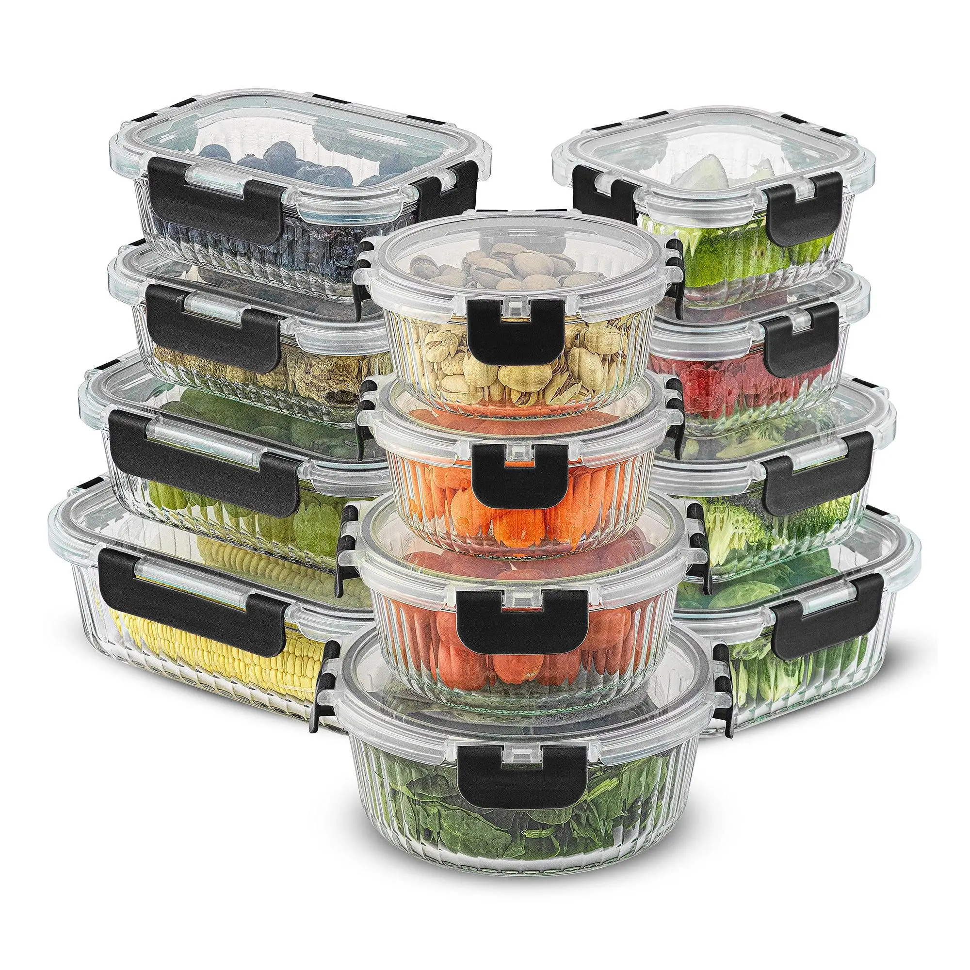 JoyJolt 24pc Fluted Glass Storage Containers (12 Airtight, Freezer Safe Food Storage Containers and 12 Lids), Pantry Kitchen Storage Containers, Glass