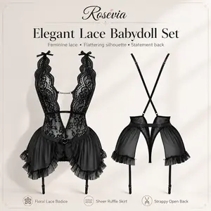 Women’s Floral Lace Babydoll Sleepwear Set, V-Neck Ruffle Hem, Crisscross Back, Adjustable Straps, Black, Red, PinkS-3XL