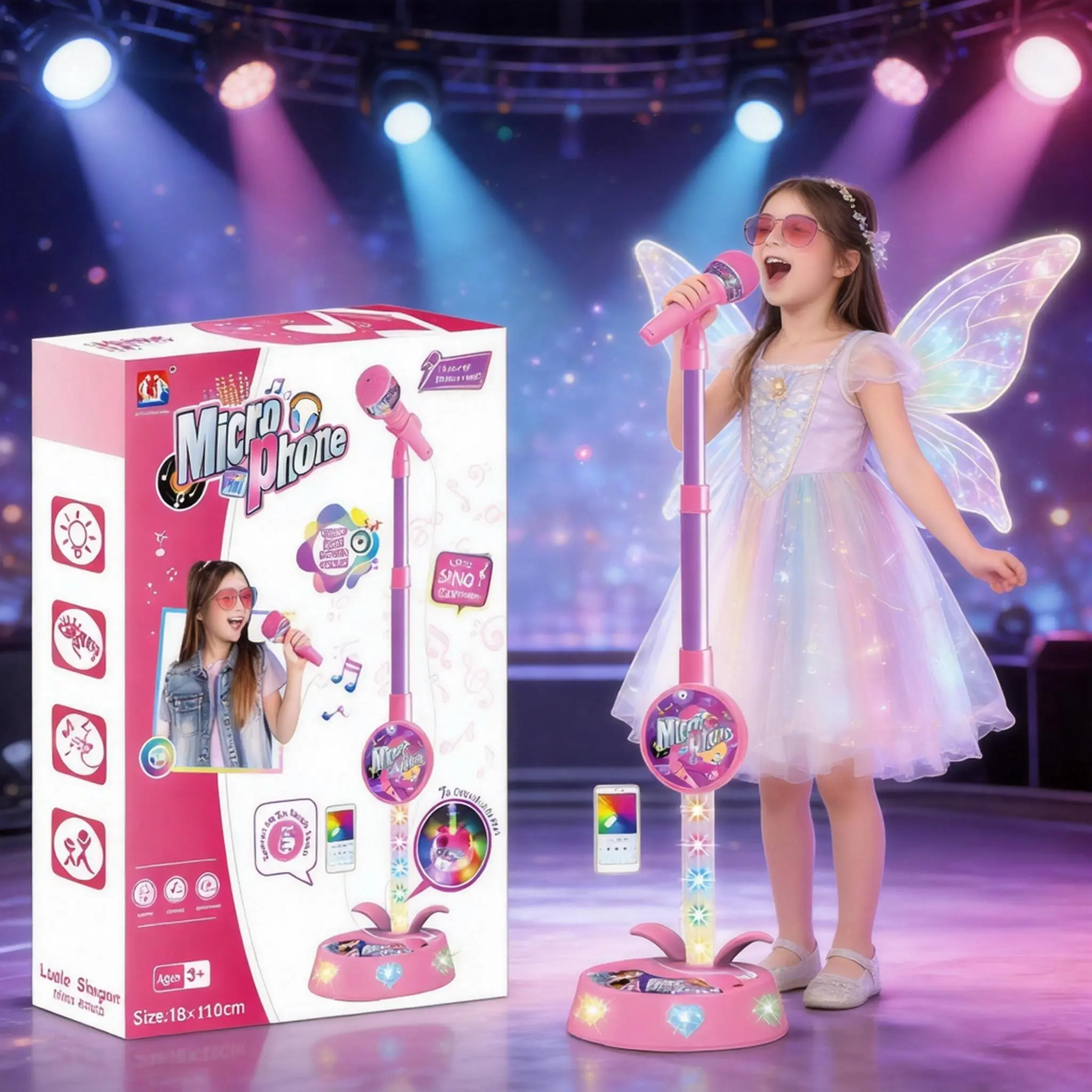 Kids Microphone Toy with Colorful Gradient Lights, Built-in Karaoke Sound Effects, Type-C Data Transfer, Mobile Device Compatibility, Creative Gifts for Kids, Encourages Creativity