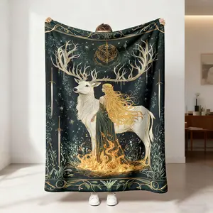 1 piece of dark green forest white deer goddess with star emblem sword and flame element printed flannel blanket suitable for sofa, bedroom travel and other occasions. Soft skin-friendly cover blanket, Throw Blanket