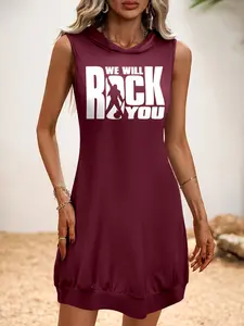 Street Style Sleeveless Hooded Dress, Casual Fitted Cartoon Pattern, Perfect for Parties and, Trendy and Comfortable, Womenswear