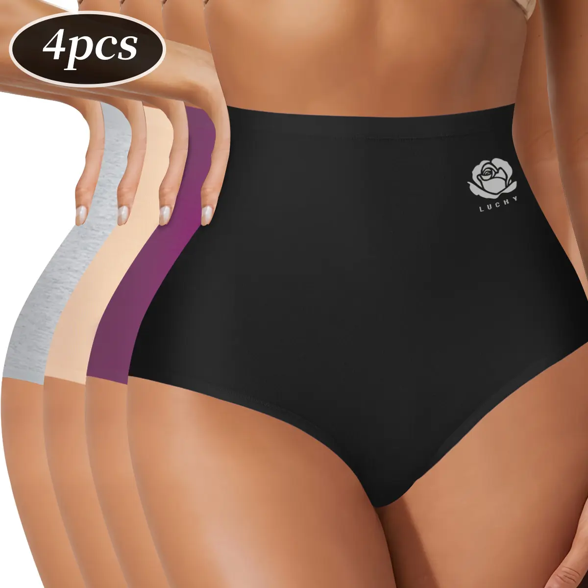 4-Pack High-Waisted Cotton Panties, Soft Breathable Seamless Stretchy Full Coverage Solid Color Panties, Skin-Friendly Minimalist Comfort Womenswear Underwear, S_XXL