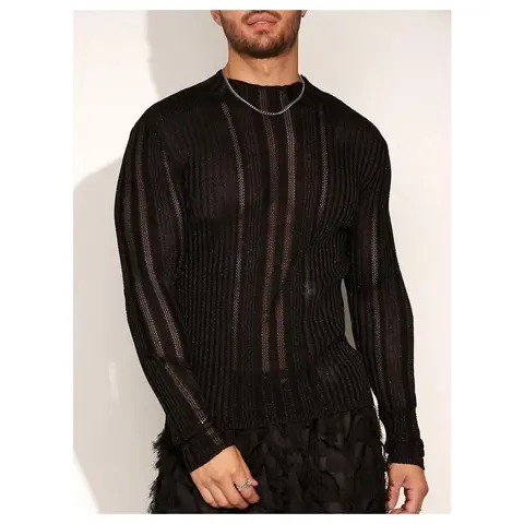 Men's Sheer Open-Knit Pullover - Stylish Viscose Polyamide Fashion Knitwear for Clubbing or Pairing with Jeans,back to school,back to school shopping, Menswear