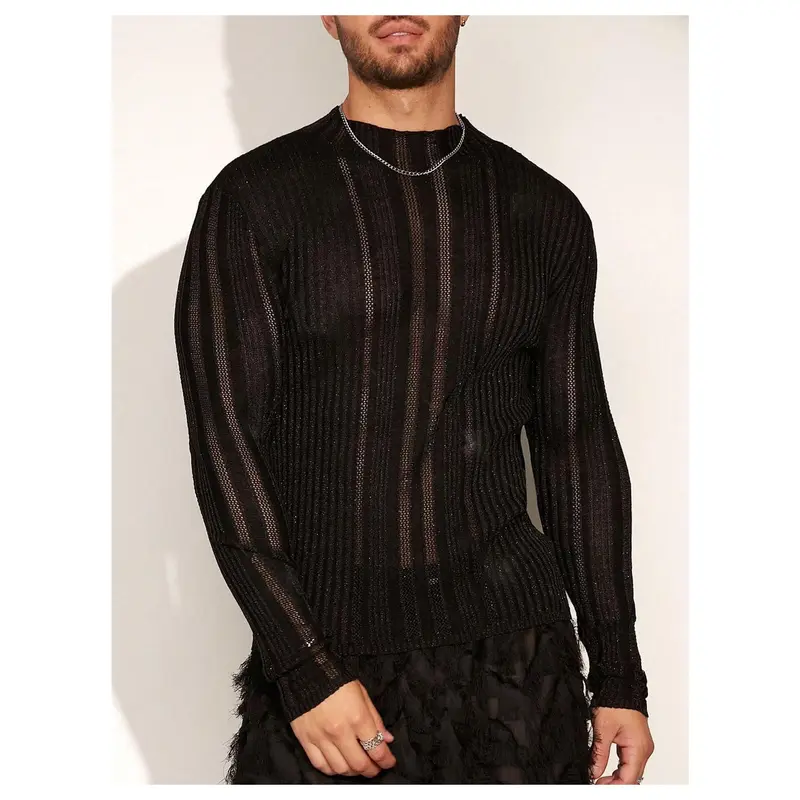 Men's Sheer Open-Knit Pullover - Stylish Viscose Polyamide Fashion Knitwear for Clubbing or Pairing with Jeans,back to school,back to school shopping, Menswear