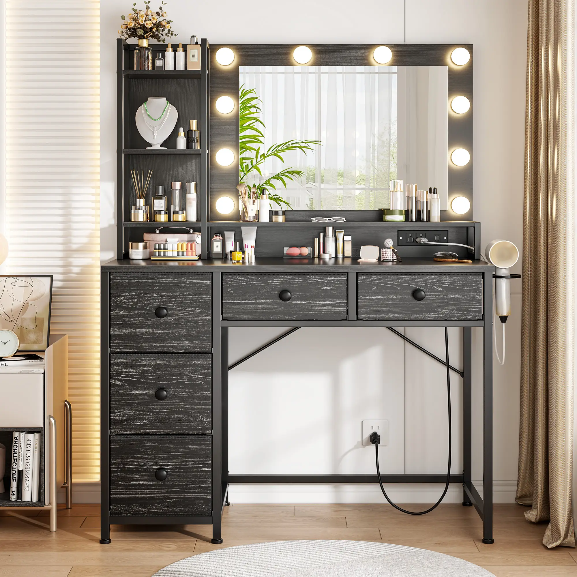 Raybee Furniture Hollywood Vanity with Mirror and Lights, Makeup Vanity Desk with 5 Fabric Drawers & Power Outlet, 3 Lighting Modes Adjustable Brightn