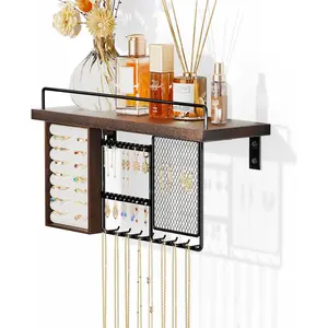 Wall Mounted Hanging Jewelry Organizer with Wood Shelf, Wall Jewelry Holder with Hooks for Ring Earring Bracelets Necklaces Display -Brown