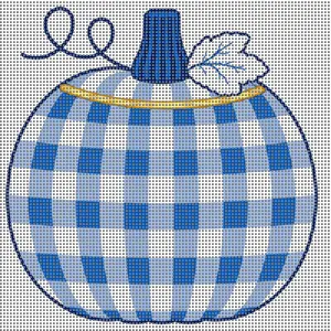 Blue Gingham Pumpkin Needlepoint Canvas, 4x4 Round, 14 Mesh, Fall Needlepoint Design, Preppy Coastal Pumpkin, Stitch Painted Canvas