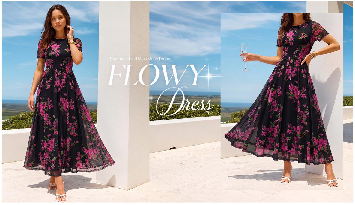 MEROKEETY Women's Floral Maxi Dress - 2026 Spring Mesh Short Sleeve, Flowy, Pocketed Casual Dress for Wedding Guests, Beach Wear