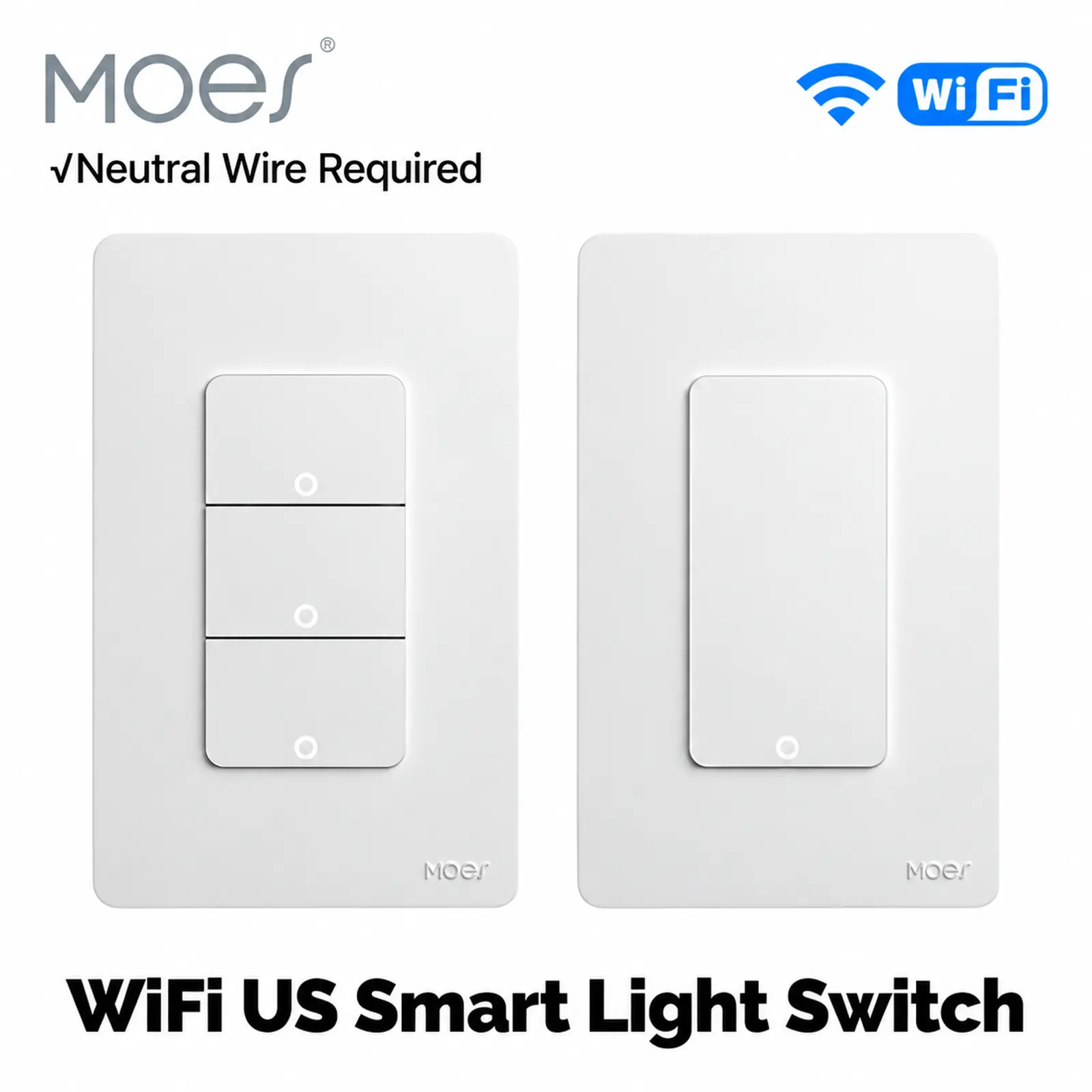 MOES Wi-Fi Smart Wall Light Switch - 1 Gang Hard-Wired Single Pole Shallow Body 1gang Space Saver, Wall-Mounted Push Button, Indoor Use, Neutral Wire Required, Nighttime Hands-Free Voice Control, Schedule Off, App Control, No Hub Needed, Smart Home Gadget